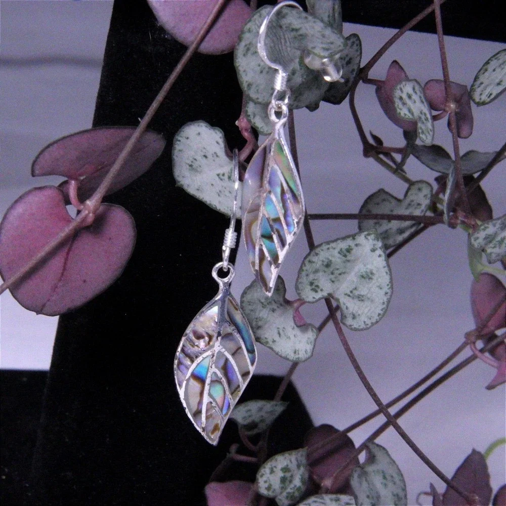 Sterling Silver Abalone Leaf Dangle Earrings 925 Thai Iridescent Paua Shell